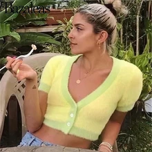 Bazaleas, винтажный укороченный топ в стиле панк на пуговицах, базовый укороченный свитер, желтый, зеленый вязаный кардиган в стиле пэчворк, Прямая поставка