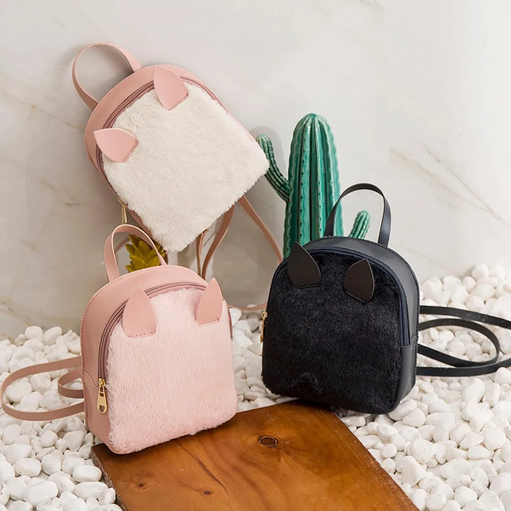 

Ladies Fashion Mini Solid Backpack Girls Cute Kawaii Solid Faux Rabbit Fur Shoulder Bag Mobile Phone Bag Purse Mochila Feminina