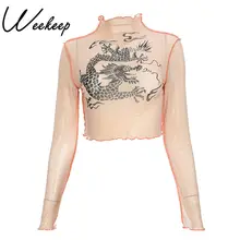Weekeep, модная футболка с принтом китайского дракона, с длинным рукавом, сексуальная, перспективная, водолазка, футболка, укороченная, из кусков, футболка, femme