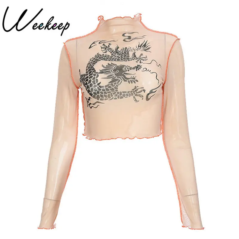 

Weekeep Fashion Chinese Dragon Print Long Sleeve t shirt Sexy Perspective Turtleneck tshirt Cropped Patchwork tee shirt femme