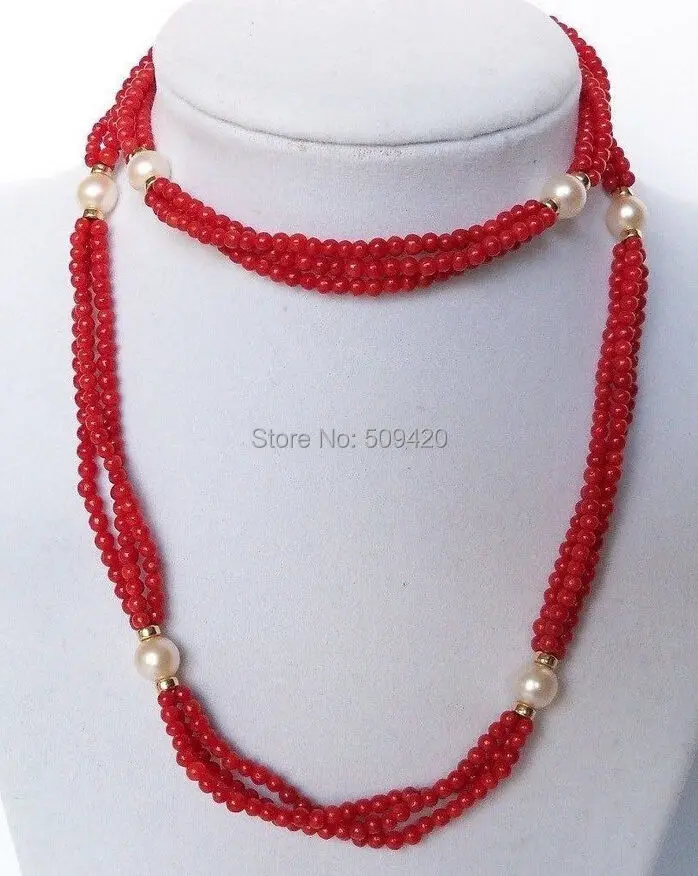 

W&O655 >>natural long 45inch 4mm red coral rounds beads 10mm white sea shell necklace AAA