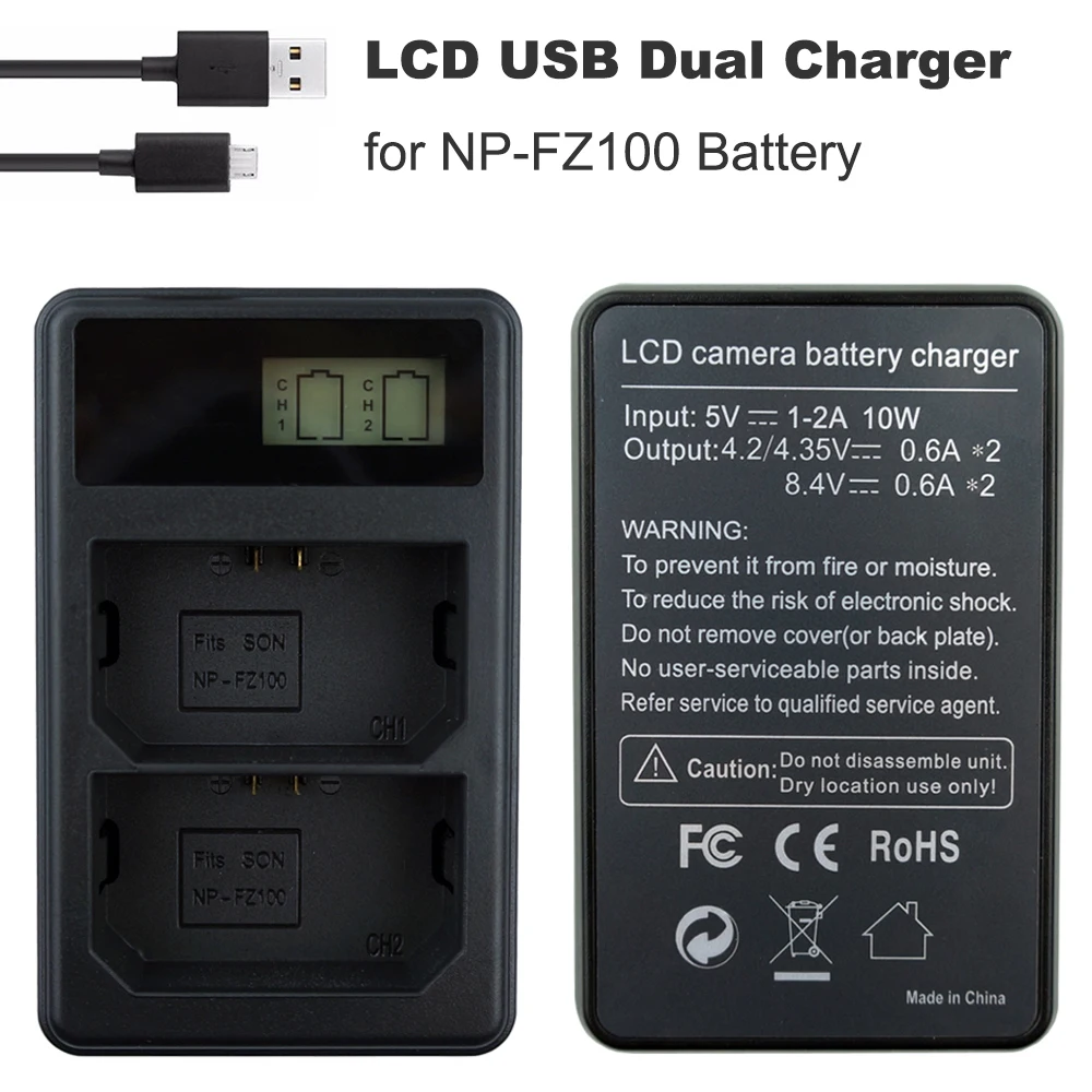 

NP-FZ100 Bateria LCD Display USB Dual Channel NP FZ100 Battery Charger for Sony a9 a7RIII a7III alpha 9R, A9R, Alpha 9S Camera