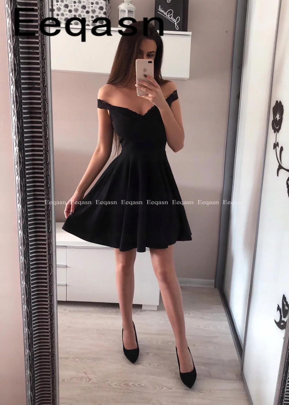 

Hot A Line Off the Shoulder Lace V Neck Short Prom Dress Graduation Homecoming Dresses Chic Little Black Dress 2019