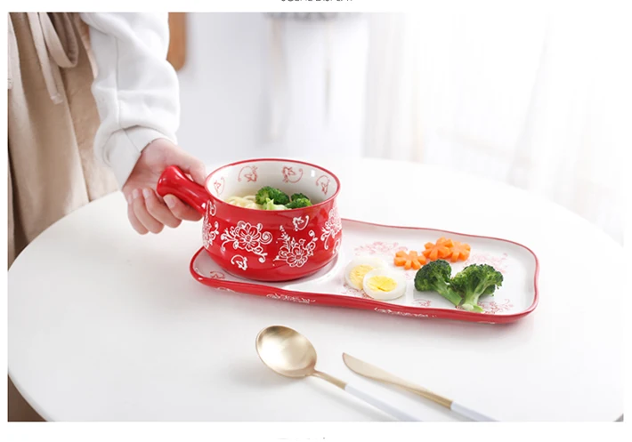 Керамическая тарелка для завтрака в японском стиле, ручная роспись, миска с ручкой, фарфоровая рисовая большая миска, суп для детей, поднос для фаст-фуда