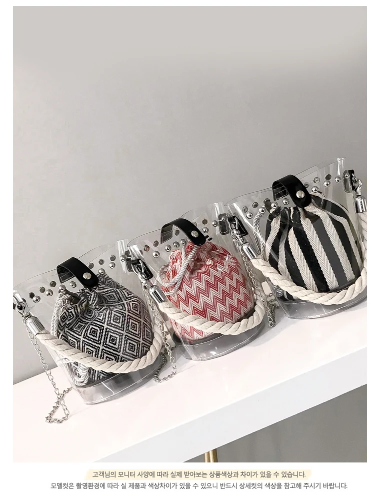 2019 Fashion 2pcs Bucket Handbags Pvc Clear Transparent Bucket Bag Barrel Shaped Small Mini Handle Handbags Summer Beach Bags