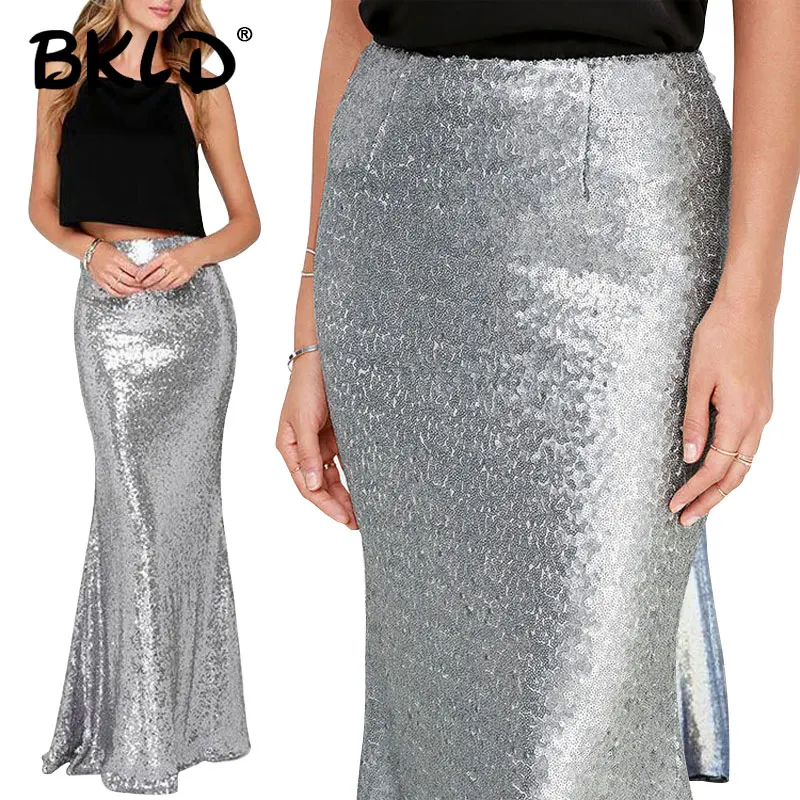 Buy BKLD 2018 New Women Skirts Silver Sequined Long