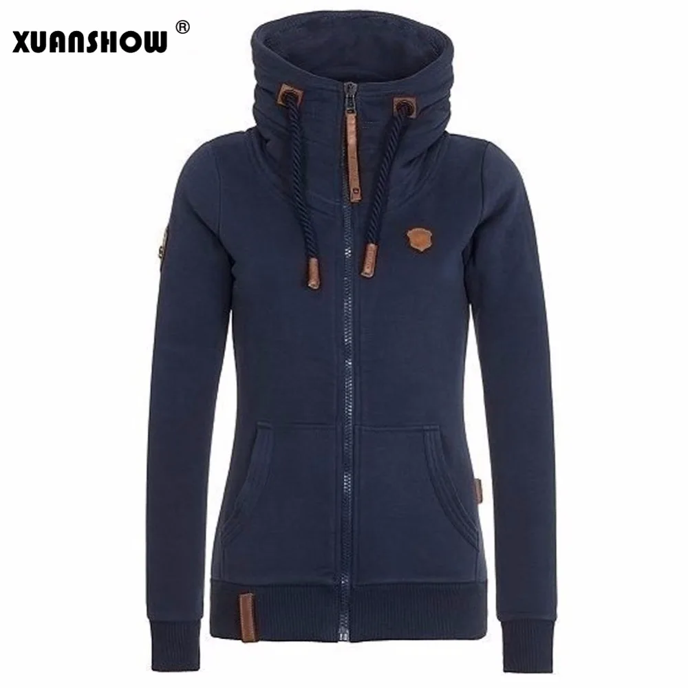 XUANSHOW إمرأة الأزياء يجز هوديس السيدات بلوزات عارضة رياضية الصلبة كم طويل زمم الملابس زائد حجم S-5XL