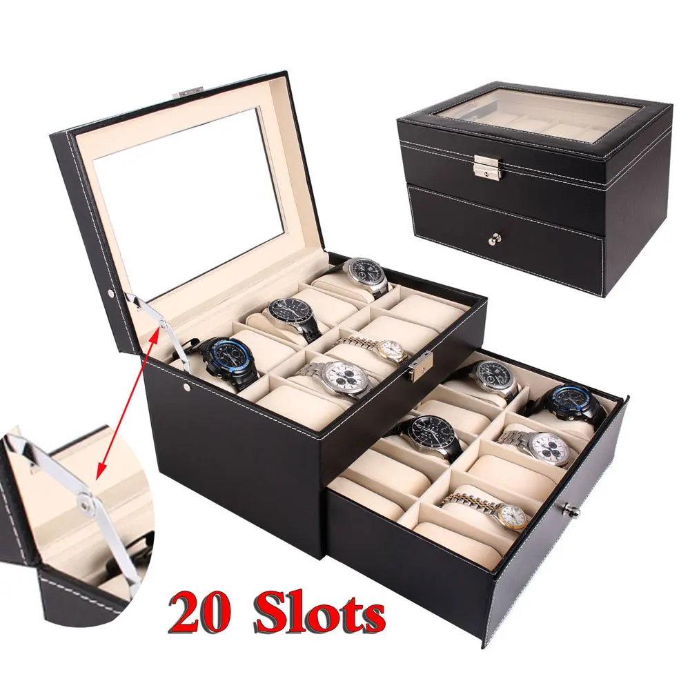 20 Girds Dual Layers PU Leather Watch Box Case Elegant Wooden Collection for Clock Watches Jewelry Boxes Display | Наручные часы