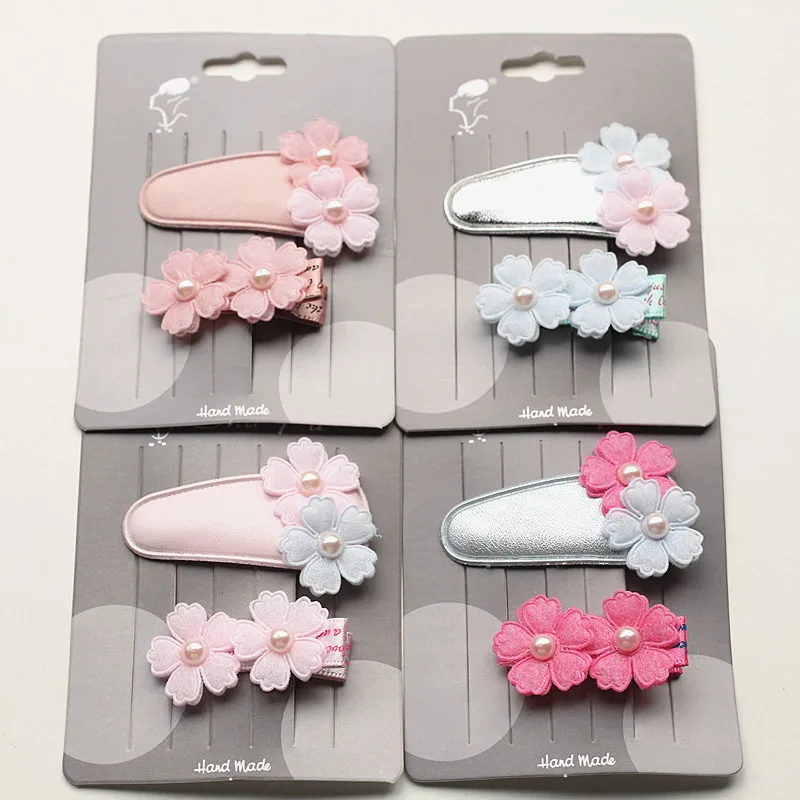 

10sets/lot PU Leather Modish Girls Mini Floral Gauze Pink Pearls Hair Clip Double Flower Small Size Kid Hairpins Korean Imported