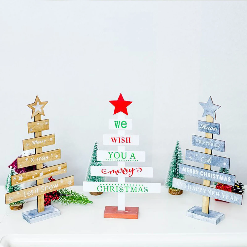 

Merry Christmas Wooden Mini Christmas Tree Star Letters Pyramid SOrnaments Home Desktop Xmas Party Holiday DIY Decor Figurines