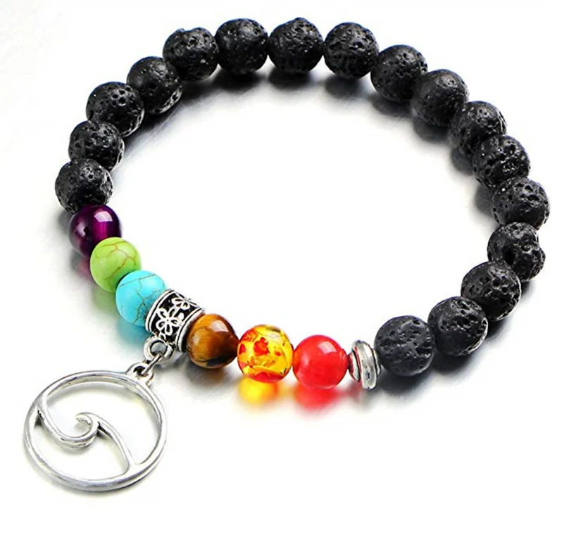

Trendy 8mm Seven Chakra Bracelets Wave Pendent Natural Lava Stone Beaded For Women Men Colorful Bracelet Jewelry Accessories