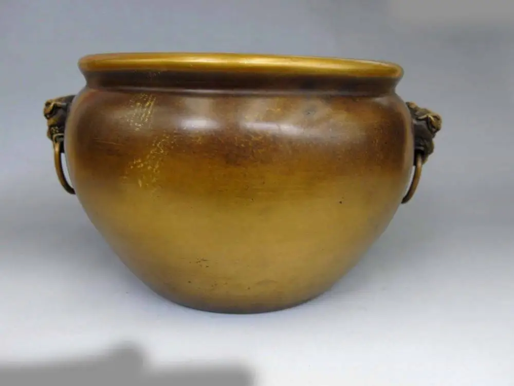 

China pure brass copper fine two Foo Dog Lion Ear pot Vase Statue