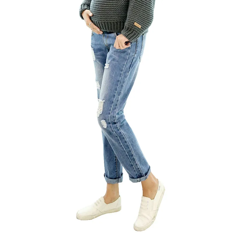 Джинсовые штаны с дырками; джинсы для беременных; брюки; женская одежда для беременных; хлопковая одежда для беременных; брюки с эластичной резинкой на талии; большие размеры - Цвет: Синий