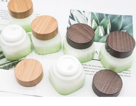 

5pcs 50g white porcelain look glass cosmetic jar,50g facial cream jar,eye cream jar with bamboo lid wooden cap cosmetic package