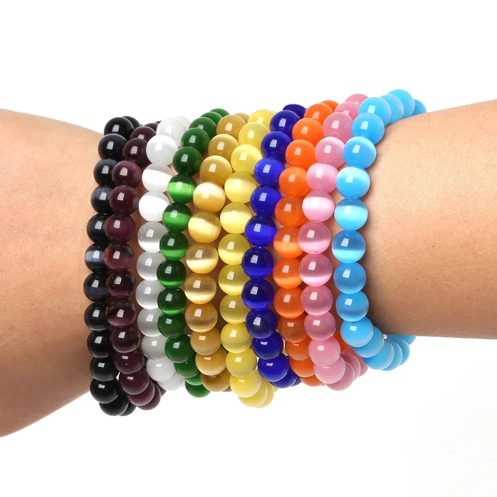 

Hot Sale Punk Simple Circle Beaded Wristband Bracelet Cats Eye Opal Bracelets Bangles 6/8/10MM Round Stones Bracelet Women Men
