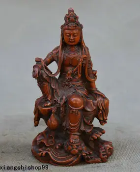 

Crafts statue Chinese Boxwood Wood Carving Lotus Kwan-yin Guanyin Guan Goddess Buddha Statue