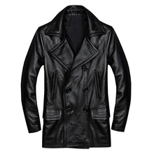Черная Мужская двубортная повседневная кожаная куртка размера плюс XXXXL из натуральной воловьей кожи русская Весенняя кожаная куртка