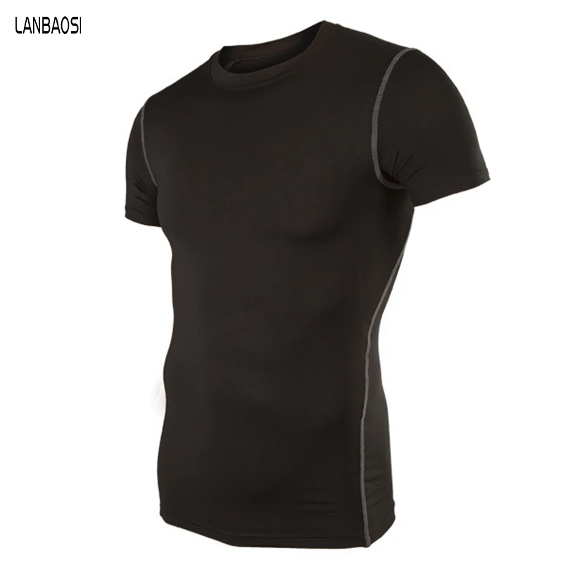 

LANBAOSI Short Sleeve Sports Jerseys Men Summer Quick-drying Bodybuilding Fitness Compression Shirt Black Lightweight Base Layer