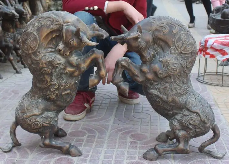 

S00203 22" Chinese FengShui Folk Pure Bronze Corrida Cattle Oxen Ox Animal Statue Pair B0403