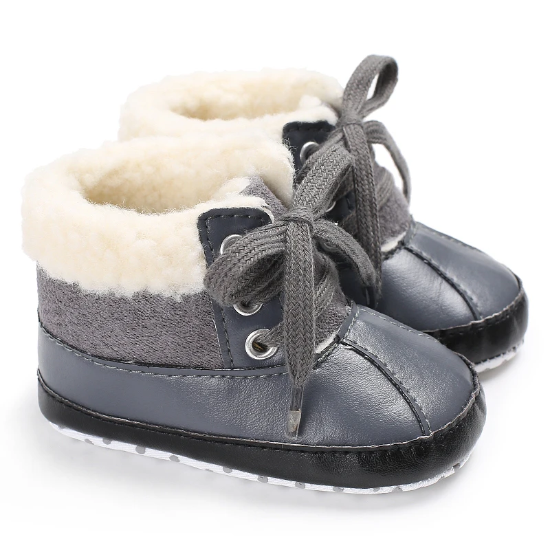 Мода новорожденных одежда для малышей мальчиков обуви зимние ботинки мягкая подошва плюшевые стелька обувь против скольжения на шнуровке Кроссовки 0-18 м