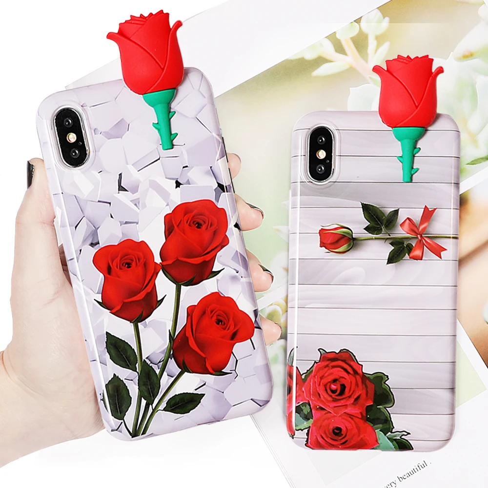 

UBERAY Valentine's Day Rose Flowers Soft IMD Phone Case For XS Max XR 6 6s 7 8 Plus X 3D Floral Glossy Phone Back Cover Gifts