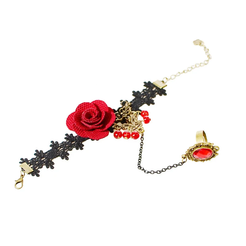 Lace Bracelet Fashion jewelry red rose flower temperament of crystal lace bracelet with ring one opisthenar jewelry Jewelry crystal bracelets