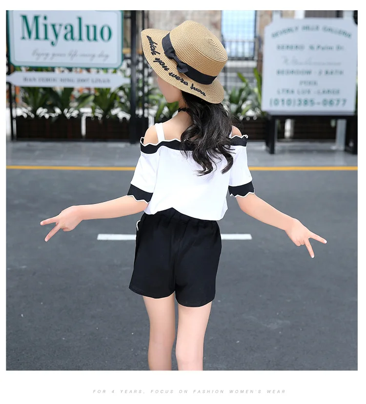 Cute Casual Teenage Clothes For Girls Clothing Sets 2019 Summer Children Shoulderless Letter Tshirt Tops Shorts 2Pcs Kids Suit (12)