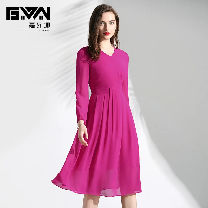 

GYALWANA 2019 New Spring Dress Women Rose Red V-collar Chiffon Dress Long Sleeves Formal A-line Elegant Dresses