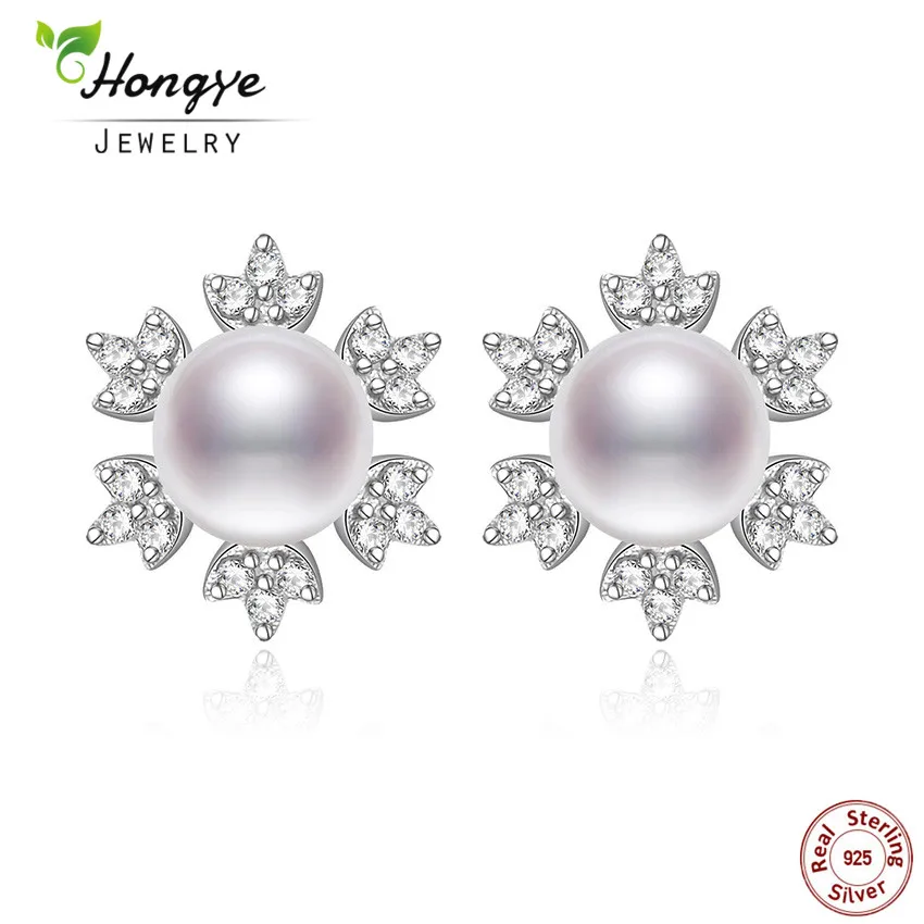 

Hongye 2018 New Female Luxury Jewelry Real Freshwater Pearl Stud Earrings Flower Brincos For Women Girl Sterling-silver-jewelry
