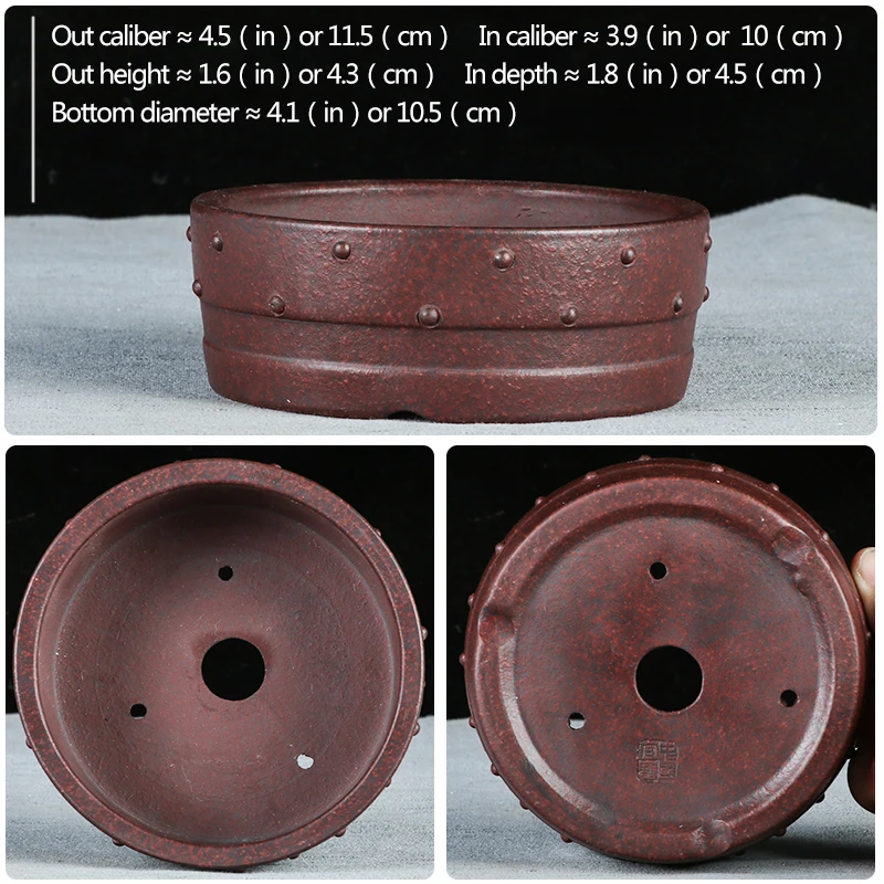 Миниатюрный горшок бонсай Китай Исин фиолетовый песок мелкий цветочный горшок с круглым барабаном гвозди - Цвет: A016-Old-red