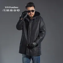 Импортная натуральная овчина зимняя теплая меховая куртка с капюшоном мужская черная шуба Повседневная модная кожаная верхняя одежда куртка высшего качества