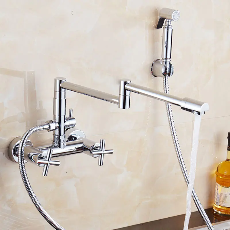 

plated folding wall type kitchen faucet universal rotary hot and cold water dish faucet water bidet spray head sink faucet tap