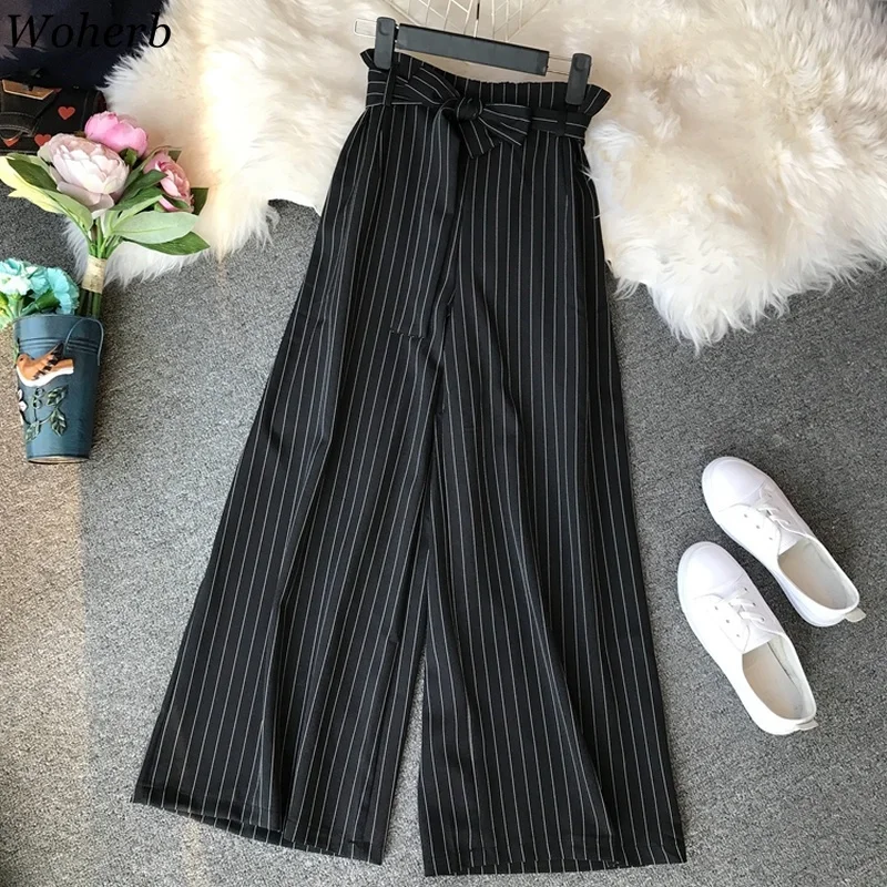 

Woherb Elegant Striped Wide Leg Pants Women Office Work Trousers 2019 Summer Loose High Waist Pant Pantalones Mujer 22237