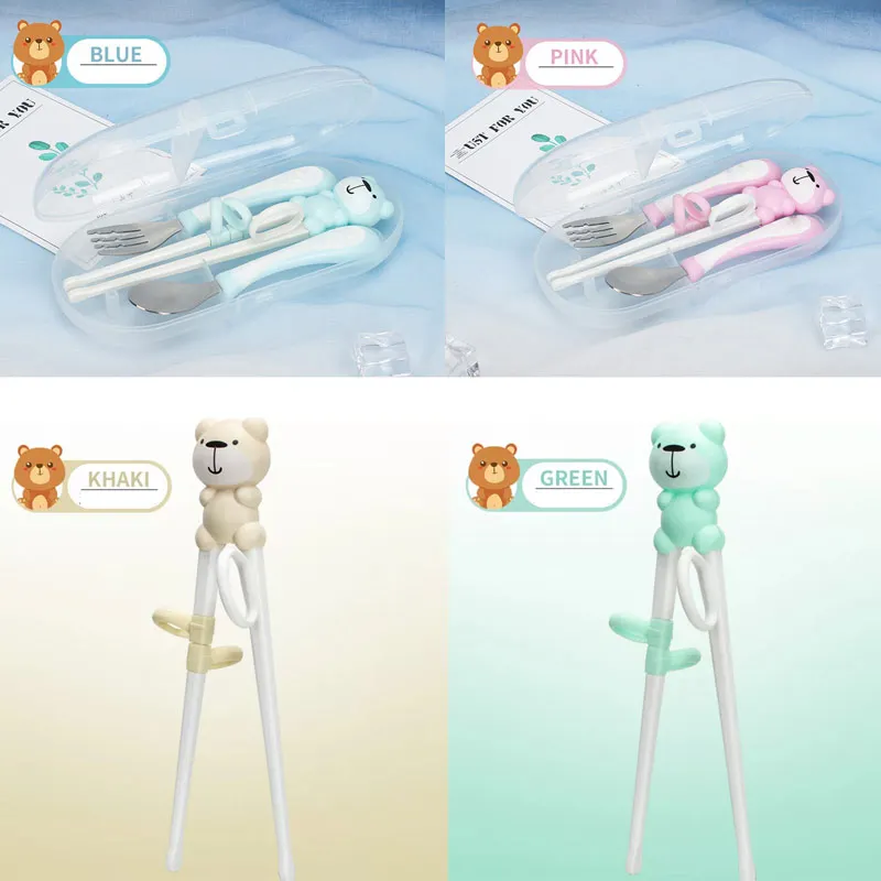3Pcs Baby Dinner Set Stainless Steel Spoon Fork Chopstick For Kids Learning Tableware Children Portable Outdoors Travel Suit | Мать и
