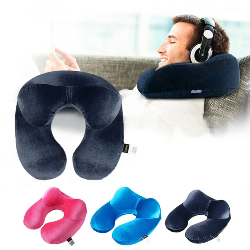 azul Almohada inflable portátil tipo empuje almohada en forma de U para el cuello mochila y avión almohada inflable automática para viajes 