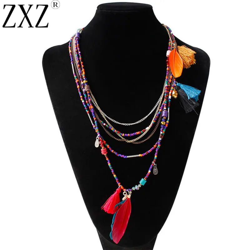 

ZXZ Bohemia Boho Style Women Necklaces Multi Layer Necklace Feather Tassels Beads Statement Necklace for Women Jewelry Gift