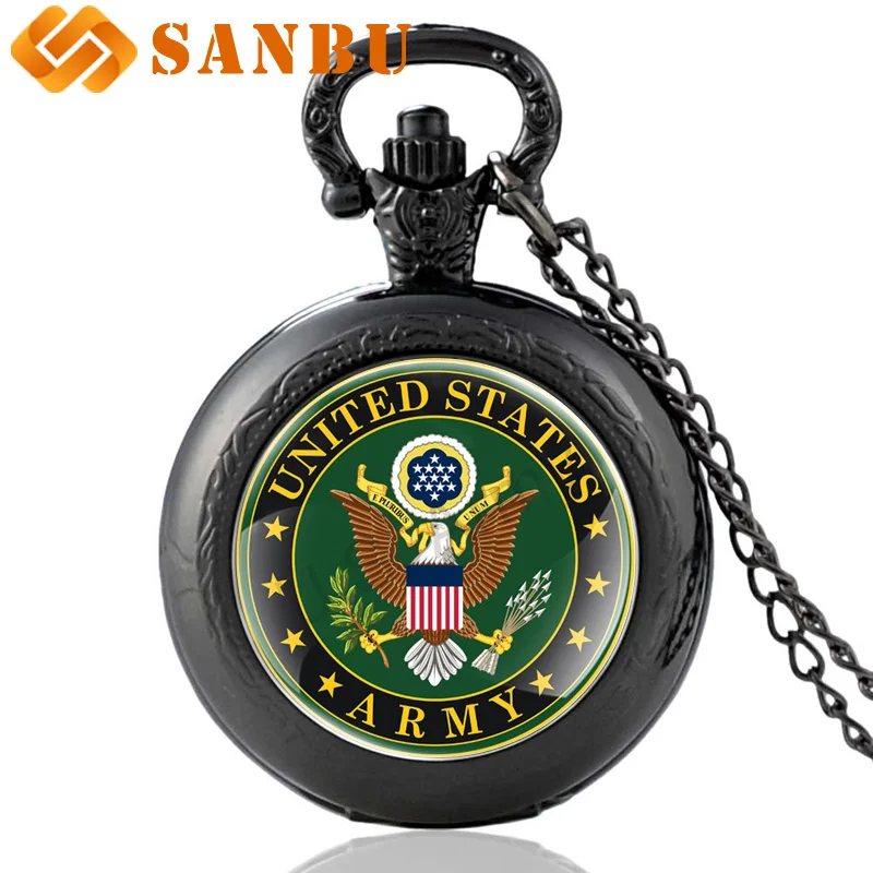 Черные модные армия США стекло кабошон кварцевые карманные часы черный цепочки и ожерелья Винтаж ожерелье унисекс кулон часы