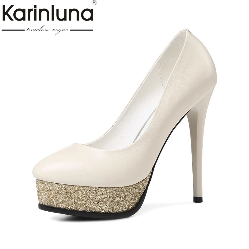 

Karinluna 2018 Spring Autumn Elegant Solid Genuine Leather Women Pumps Bling Platform High Heels Ol Shoes Woman Size 33-38