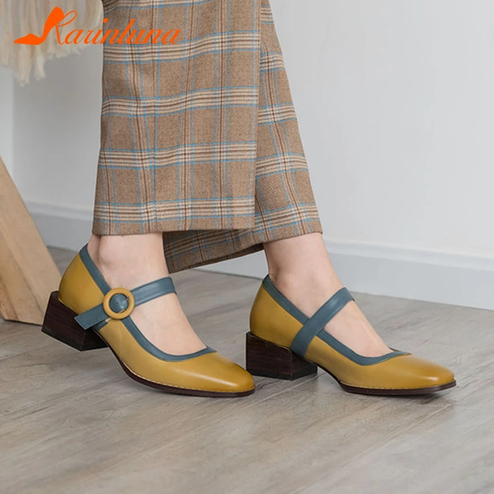 

KARINLUNA Hot Sale Genuine Leather Chunky Heels 2019 Brand New Mary Janes Pumps Woman Shoes buckle-strap Shoes Woman Pumps