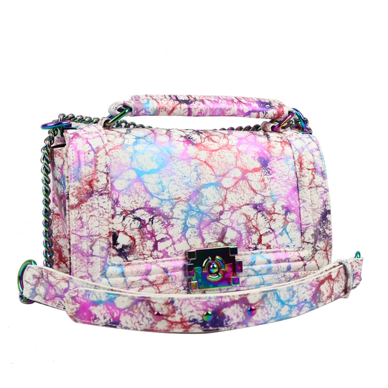

Summer Fashion Floral High Quality Leather Rainbow Strap Woman Cross body Bag Beach Purse