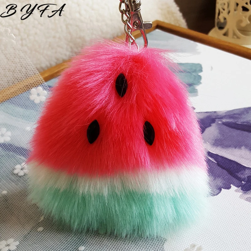 

Pom Pom Cute Keyrings Car Chic Fruit Bag Charm Watermelon Soft Rabbit Fur Ball Keychain Plush Car Key Ring Key Pendant