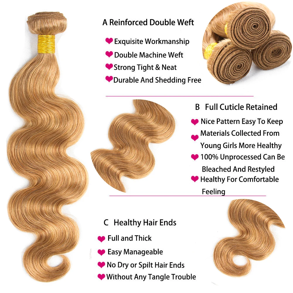 HairUGo медовые светлые пучки с закрытием#27 малайзийские волосы плетение волнистые человеческие волосы пучки с закрытием волос плетение