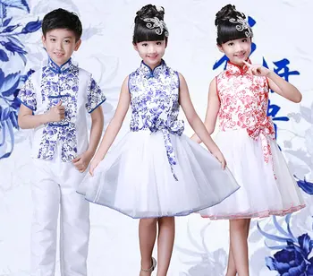 

Chinese style summer children's blue white porcelain costume students chorus costumes boy girl choir recital suit performance