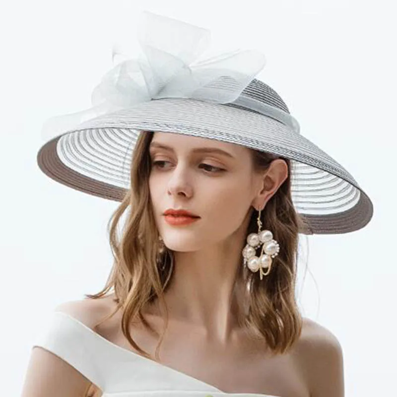 

Black White Wedding Large Wide Brim Women Hats Vintage Fedoras Elegant Bow Kentucky Derby Church Tea Party Hat Chapeau Feutre