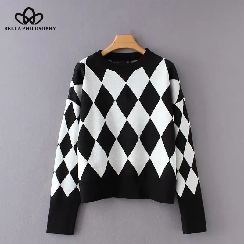 Wonder 2018 new vintage black white color patchwork diamond pattern casual sweater ladies stretchy pullovers female chic tops