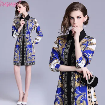 

AMBMCM Women Dress HIGH QUALITY 2018 Designer Runway Dress Women's Printed Women Printing Dress Party Long Sleeve Dresses