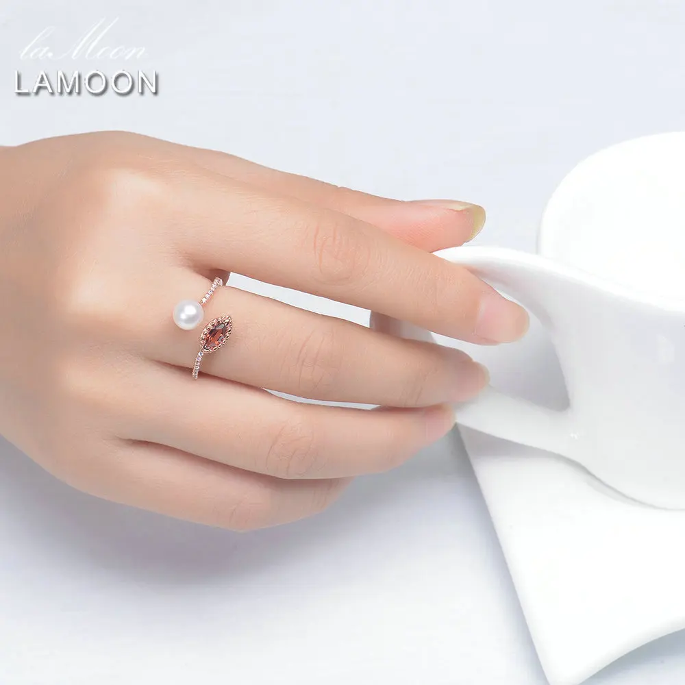 LAMOON Natural Red Garnet Freshwater Pearl 925 Sterling Silver Jewelry Wedding Ring with S925 For Women LMRI048