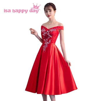 

red tea length satin ball gown lace corset prom dress sweet 16 off the shoulder sexy boat neck ball gown dresses in red H4280