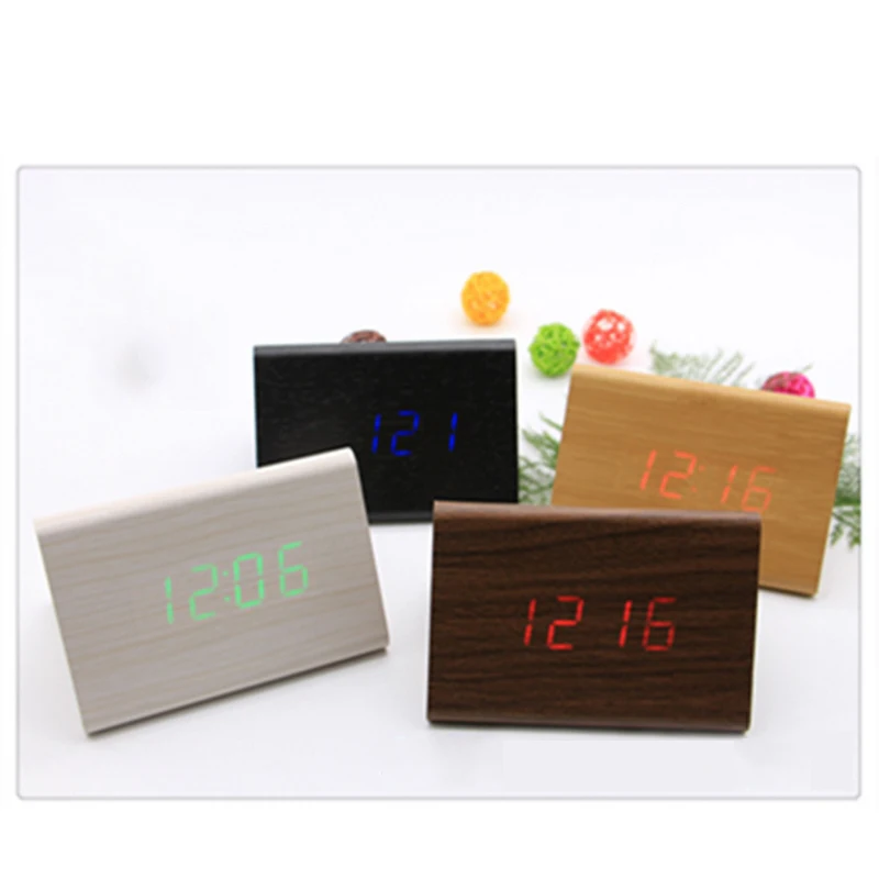 Digital Alarm Clock Wooden LED Alarm Clock Bamboo Temperature Sound