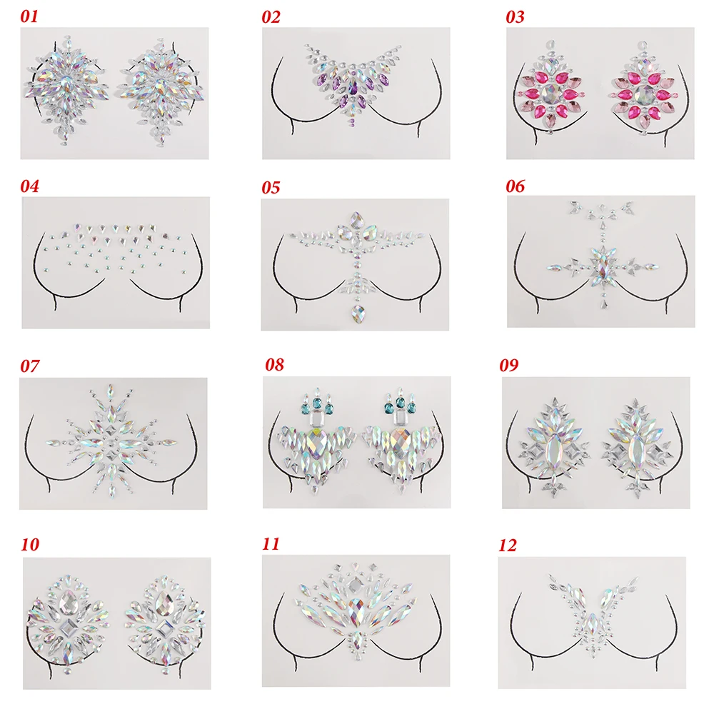 Вечерние наклейки для макияжа на груди, блестящие украшения в стиле бохо, 3D Хрустальные Украшения для тела, самоклеющиеся самоцветы, татуировки